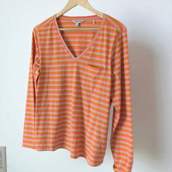 Toad & Co Womens Top L - Orange Pink Striped Colorful Long Sleeve V-Neck Shirt - Picture 1 of 7